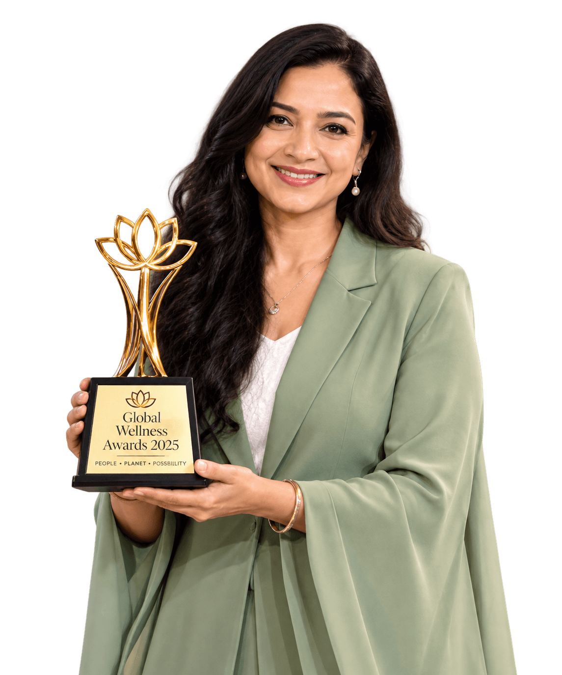 Wellness award recipient holding a Global Wellness Awards trophy